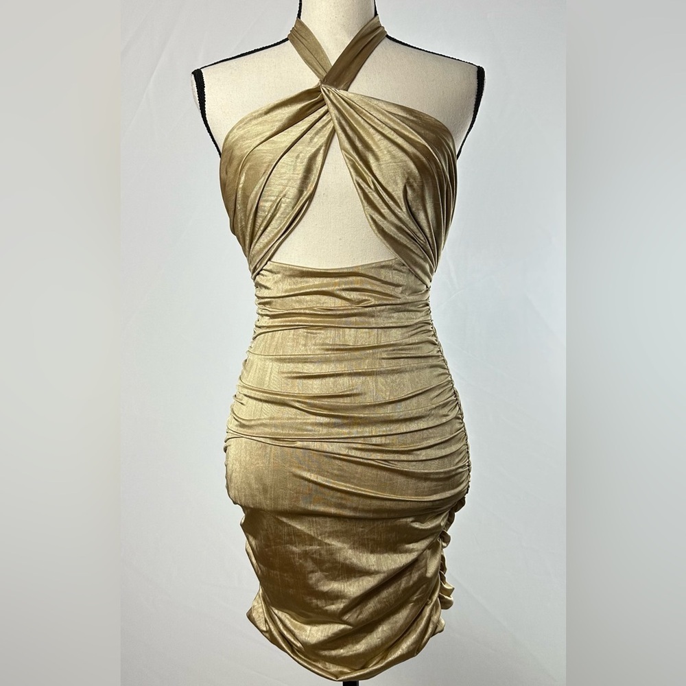 OH POLLY It's Knot Too Late cut out rouched mini dress in gold - size 4